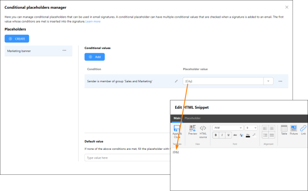 All placeholder values can be further edited in the Edit HTML Snippet window.