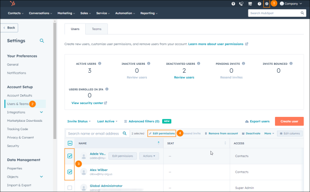 Accessing permissions’ settings in HubSpot.
