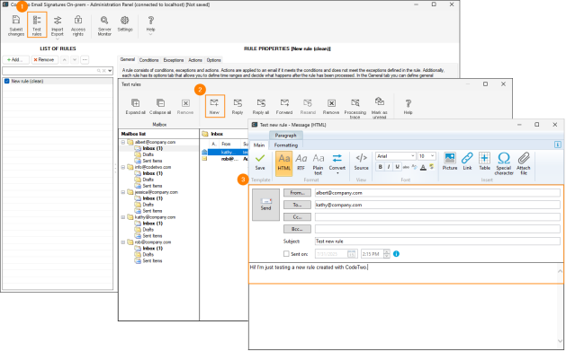 Sending a text message in the rules tester.