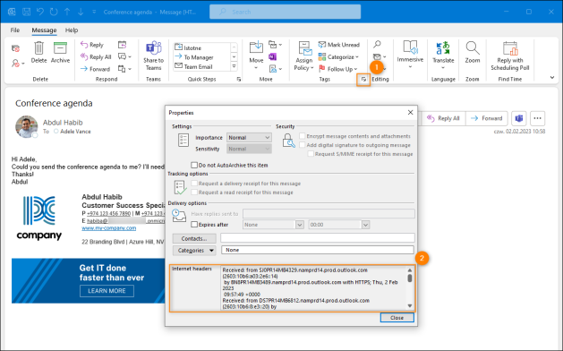Accessing a message header in Outlook for Windows.