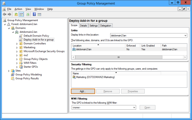Filtering GPO deployment for a security group.