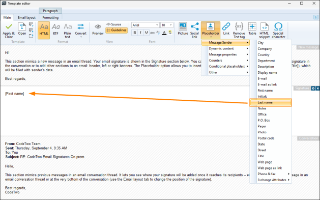 Inserting an AD attribute placeholder.