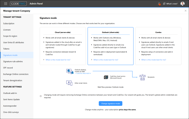 Changing the signature mode in CodeTwo Admin Panel.