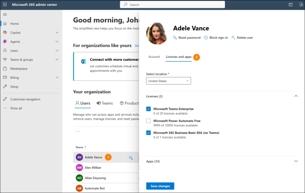 Accessing user licenses and apps in the Microsoft 365 admin center.