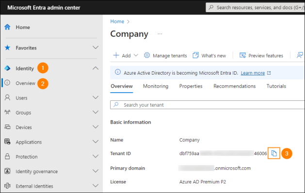 Copying the Tenant ID from the Microsoft Entra admin center.