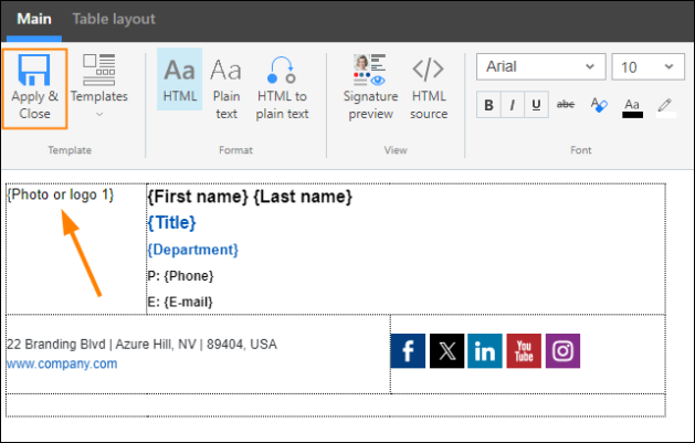 Saving the email signature design with the inserted conditional placeholder.