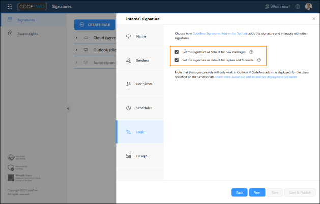 Select these options so that your signature is automatically added to internal emails.