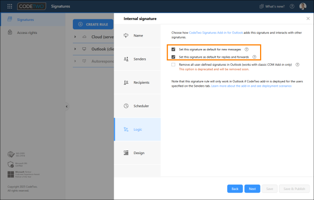Select these options so that your signature is automatically added to internal emails.