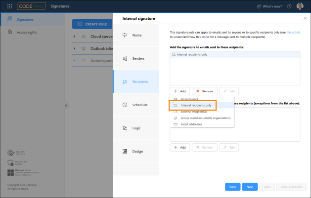 By using this option, the selected Outlook signature rule will be applied to internal emails only.