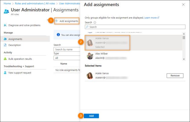 Assigning admin roles to users/groups in the Microsoft Entra admin center.