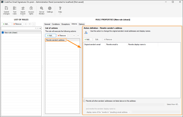The properties pane of the Rewrite sender's address action.