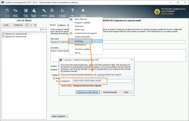 Locating the license key in CodeTwo Exchange Rules.