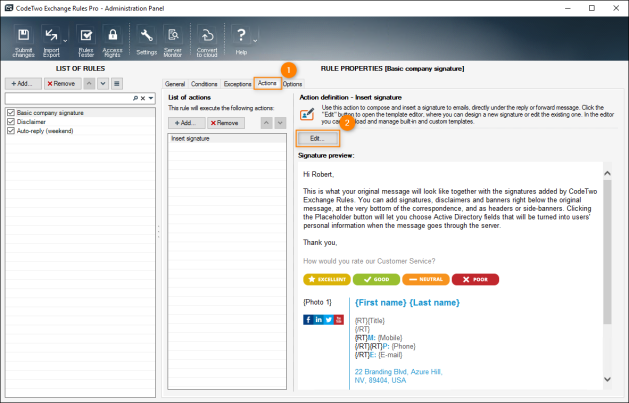 Accessing signature template in CodeTwo Exchange Rules Pro to add alt text attributes.