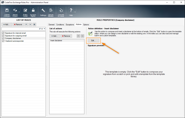 Opening the template editor in CodeTwo Exchange Rules Pro.