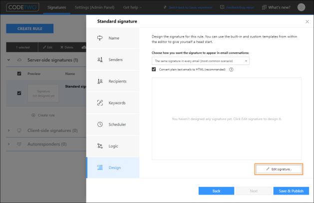 Opening the signature template editor in CodeTwo Email Signatures 365.