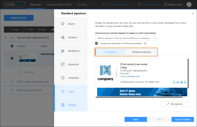 Use the tabs to create two signature templates.