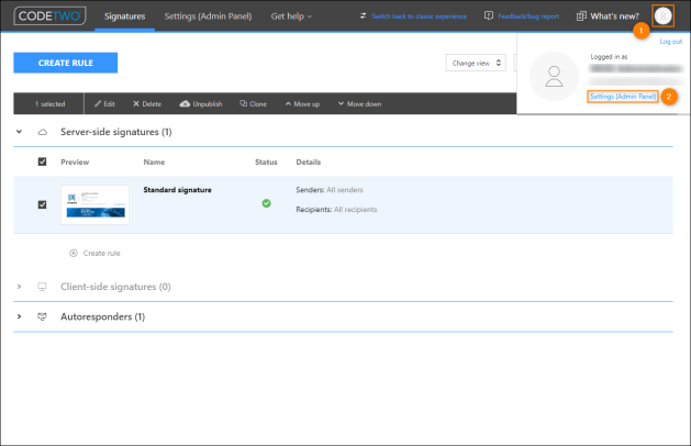 Accessing the tenant settings while managing email signatures.