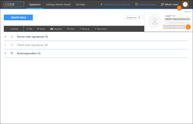 Accessing tenant settings from the signature management app.