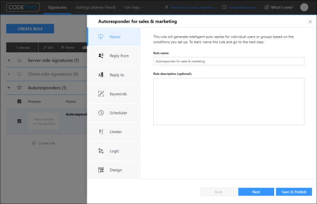 Entering a name and description for the autoresponder rule.