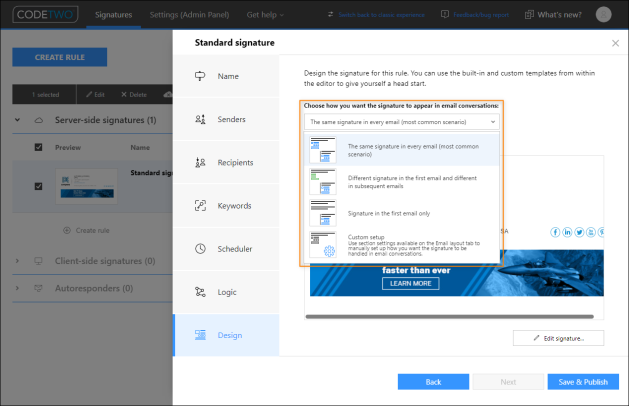 Managing how signatures should be added in email correspondence.
