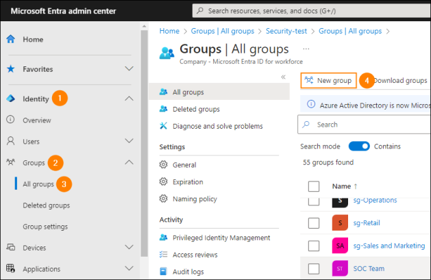 Adding a new group in the Microsoft Entra admin center.