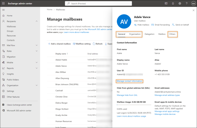 Locating the remaining user attributes in the Exchange admin center.