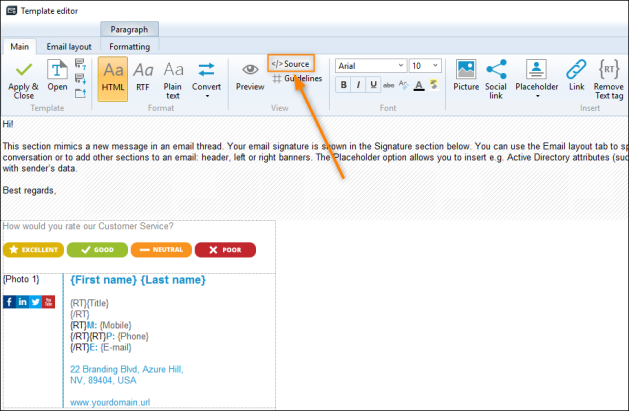 Accessing the HTML source code of your signature template.
