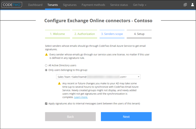 The configuration of the scope of senders whose emails will go through the CodeTwo service.