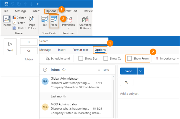 Displaying the From field in Outlook desktop (left) and OWA (right).