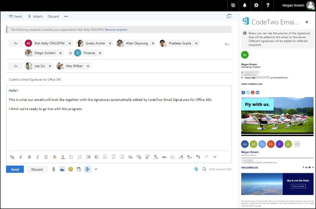 The signature preview pane in Outlook on the web.