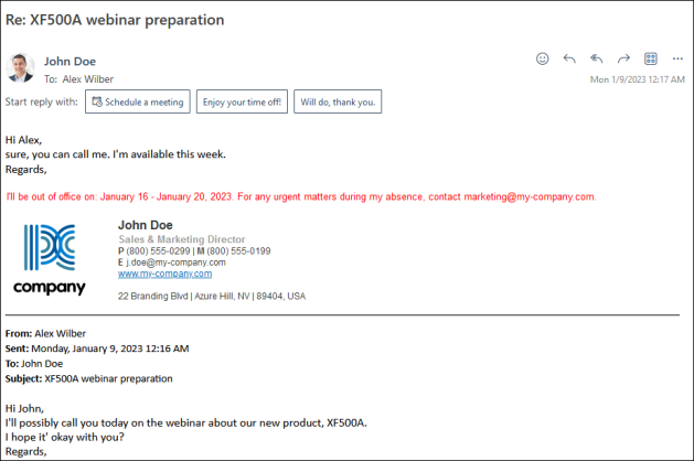 An example text informing about upcoming out of office period.