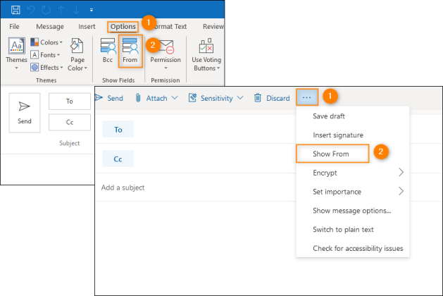 Displaying the From field in Outlook desktop (left) and OWA (right).