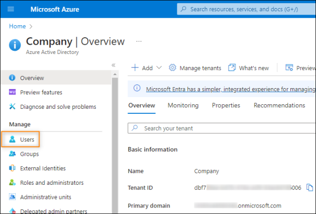 Accessing the Azure AD settings for users.