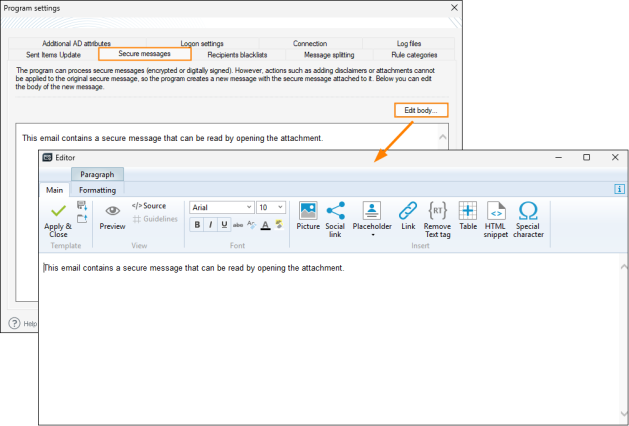 Composing an envelope message body via the editor.