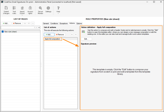 Properties pane of the Apply full composition action.