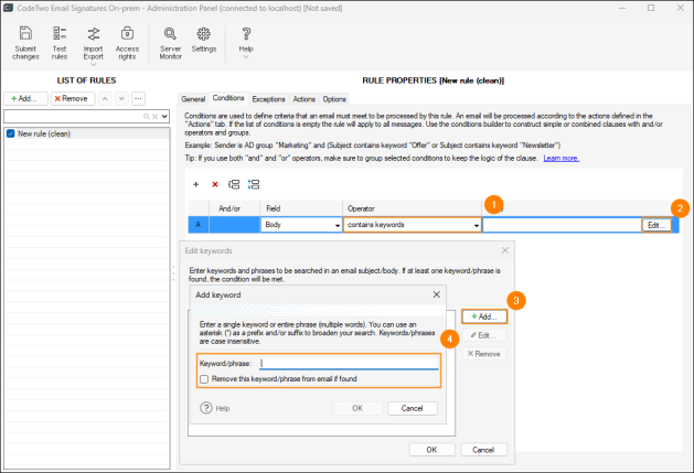 Defining a keyword to be searched within the body of a message.