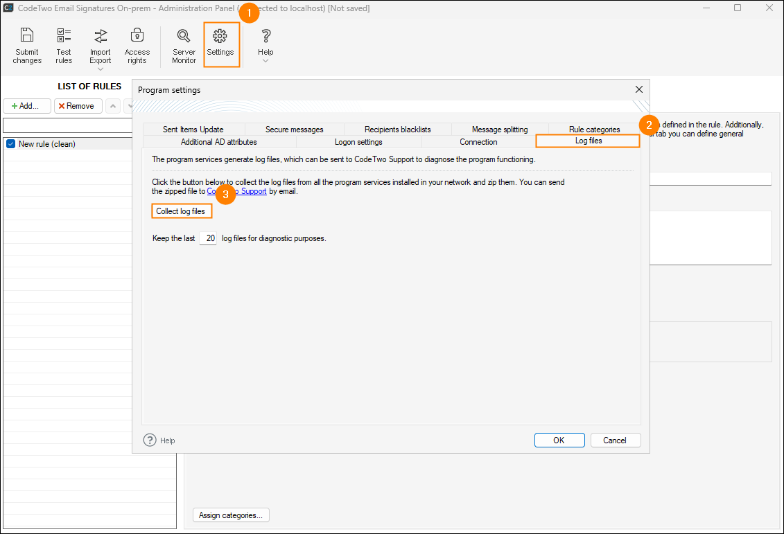 Collecting compressed log files from the Log files tab in the program's settings.