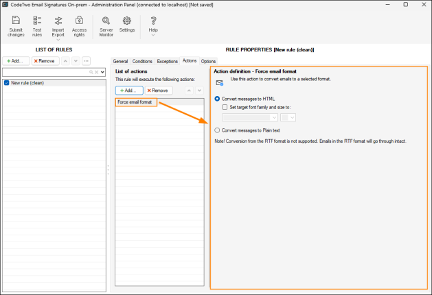 Properties pane for Force email format.
