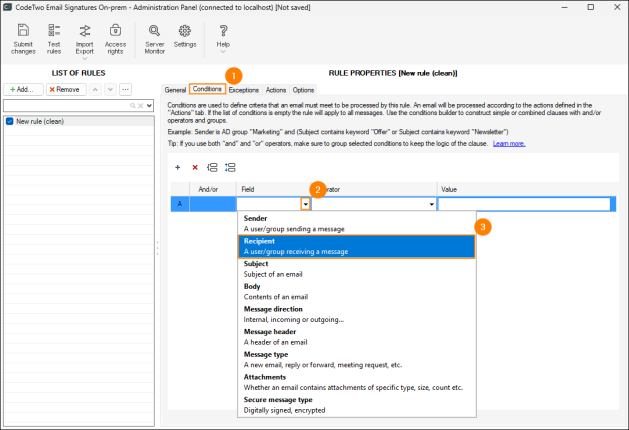 Choosing the Recipient condition.