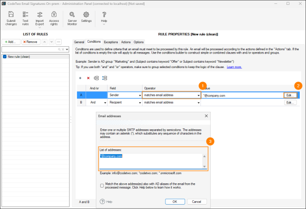 Defining wildcards for email addresses in the Sender and Recipient conditions.