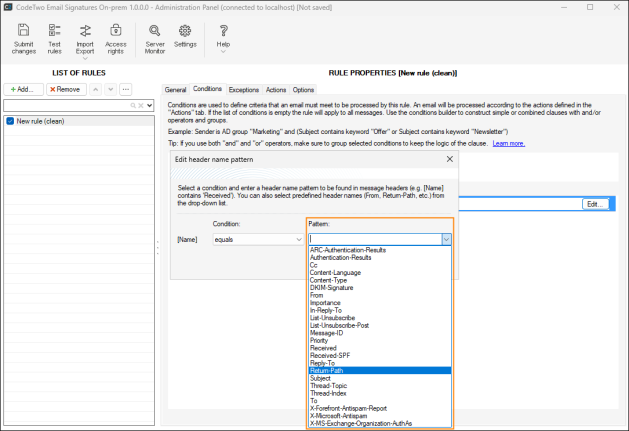 Selecting a predefined header name to be searched for from the list.