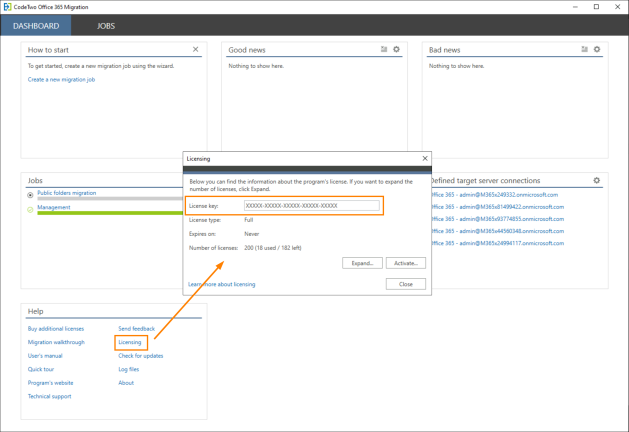 Locating the license key in CodeTwo migration software.