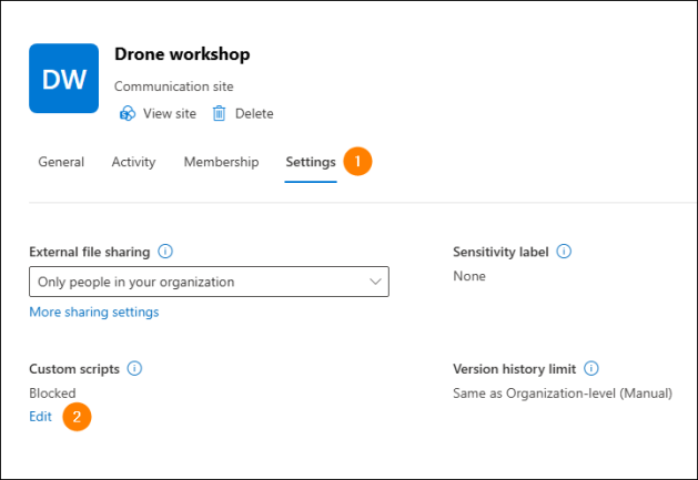Editing custom script settings for a SharePoint site.