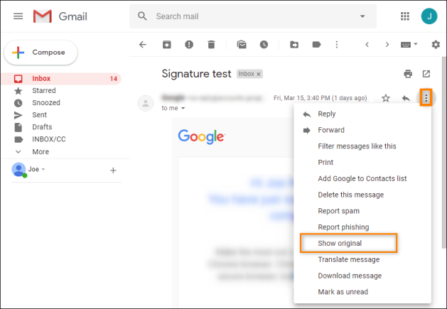 Locating the Show original option in Gmail.