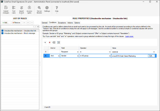 Specifying a user who will send emails with the unsubscribe link.