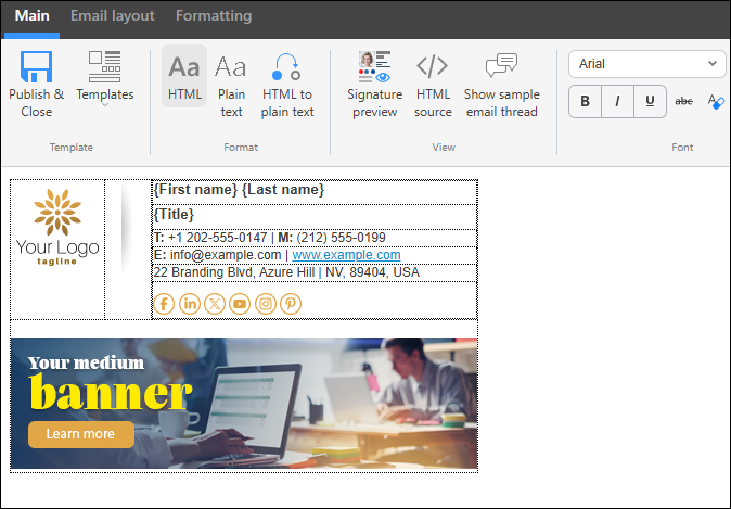 Example of a shared mailbox signature (with the user's personal data and shared contact info).