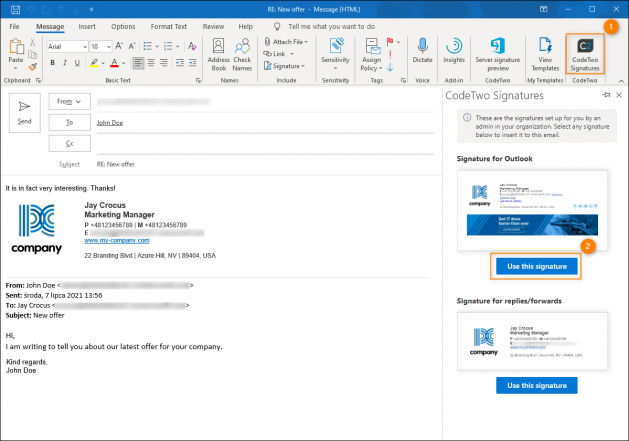 Manually changing between the simplified and full email signature.