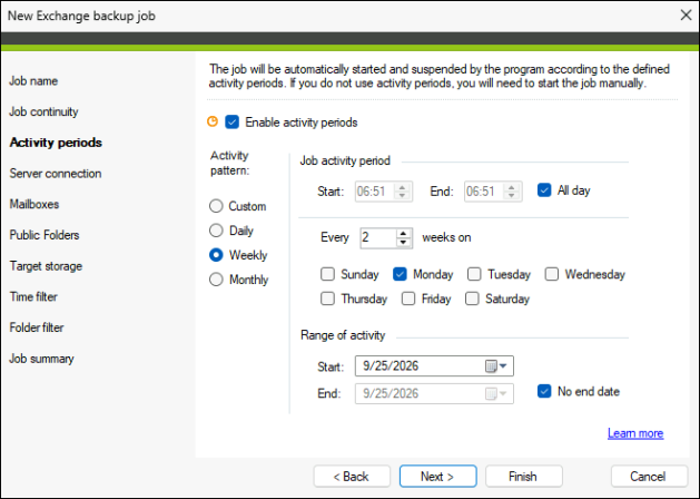 Configuring activity periods for the backup job.
