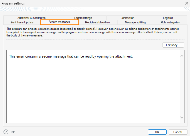 The Secure messages tab in the program's settings.
