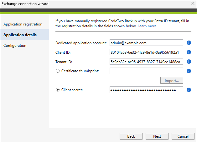 Application registration details filled out in the Exchange connection wizard.